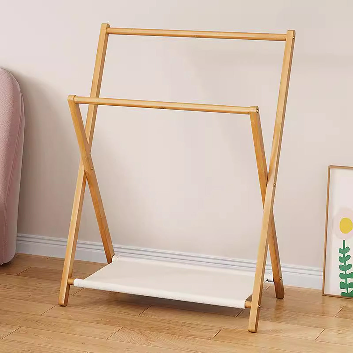 Foldable Bamboo Clothes Rack with Fabric Shelf