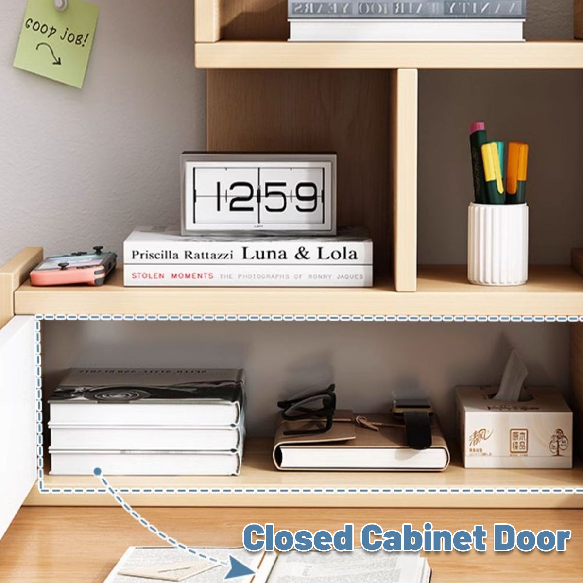 Multi Layer Wooden Desktop Shelf with Drawers Home Office Sturdy