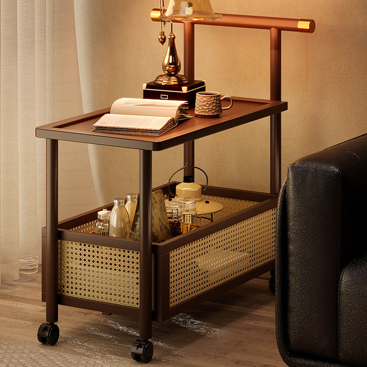 Bamboo Mobile Coffee Table with Wheels and Storage Shelf