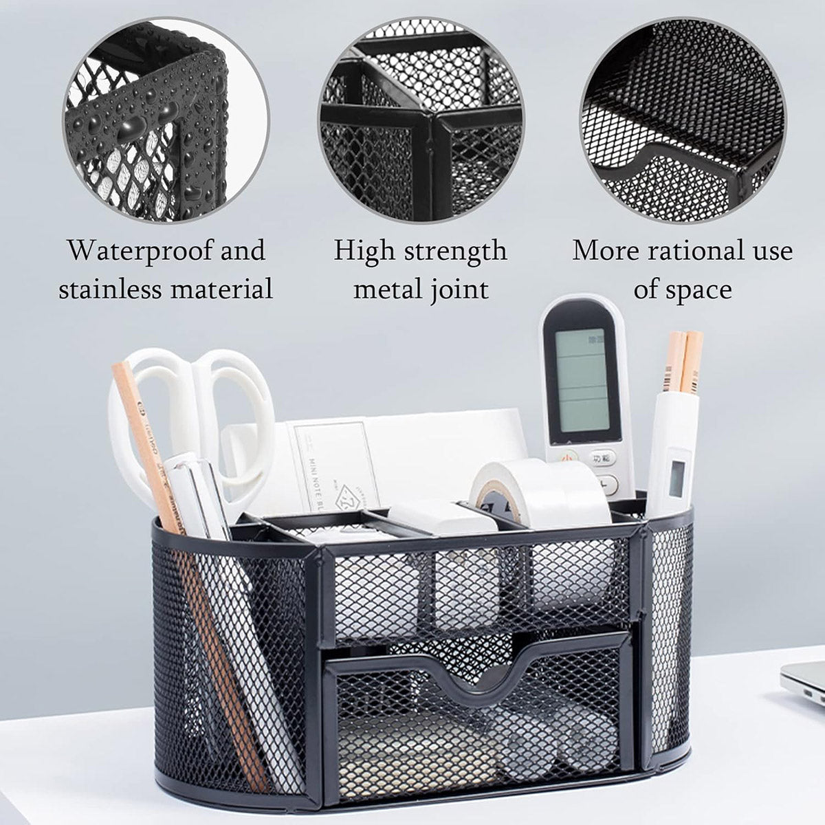 Metal Mesh Desktop Pen Holder Organiser with Drawer Non-Slip