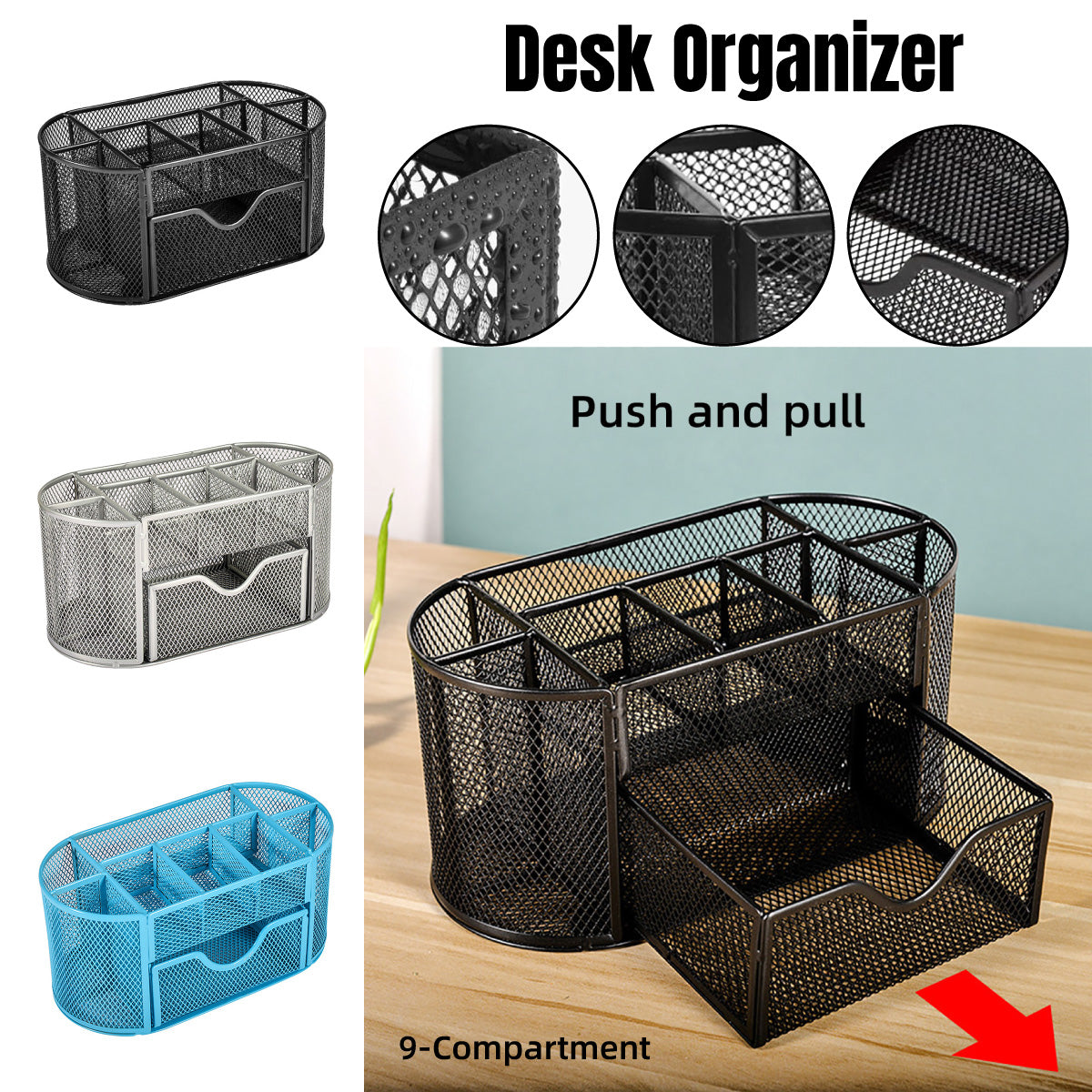 Metal Mesh Desktop Pen Holder Organiser with Drawer Non-Slip