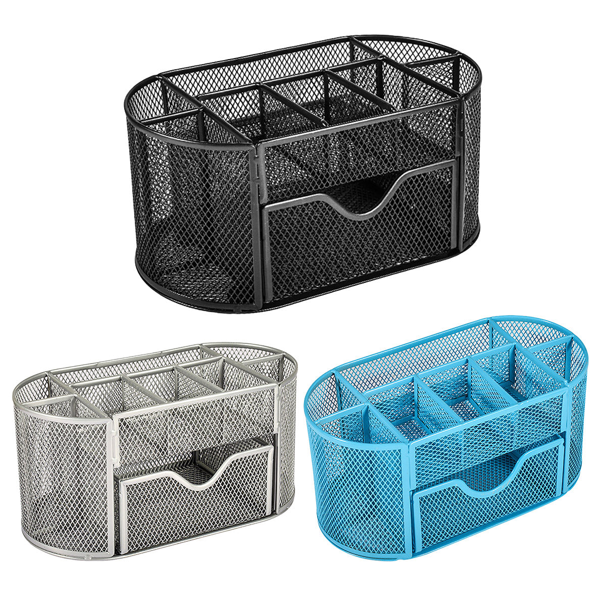 Metal Mesh Desktop Pen Holder Organiser with Drawer Non-Slip