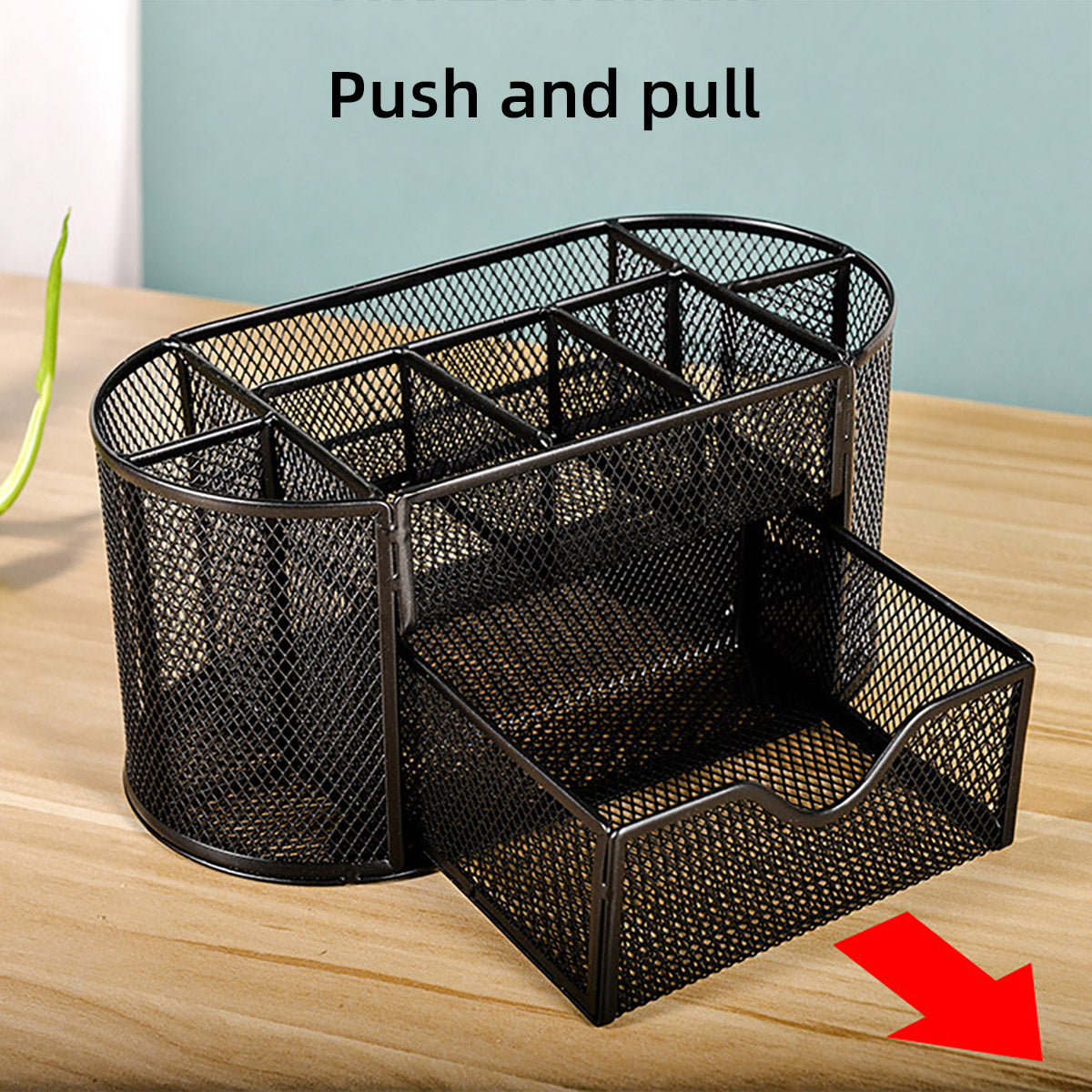 Metal Mesh Desktop Pen Holder Organiser with Drawer Non-Slip