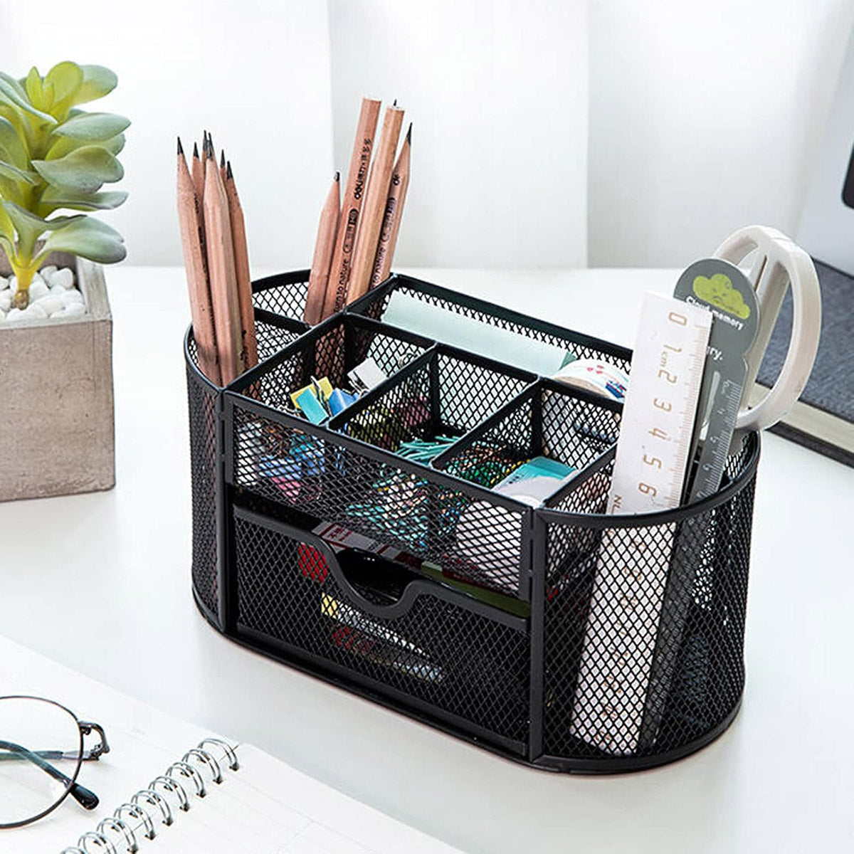Metal Mesh Desktop Pen Holder Organiser with Drawer Non-Slip