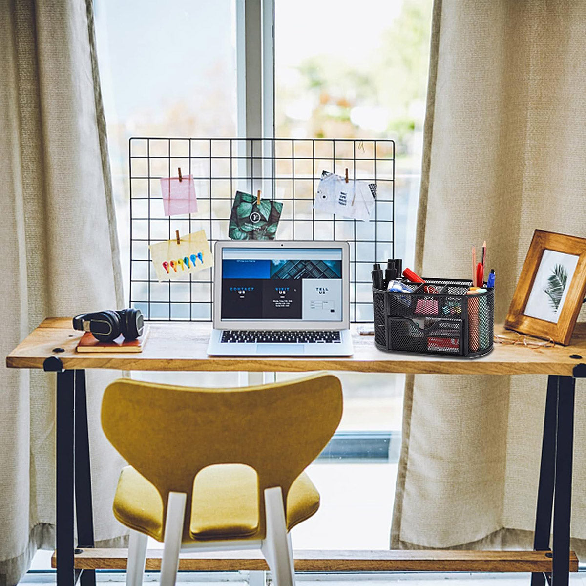 Metal Mesh Desktop Pen Holder Organiser with Drawer Non-Slip