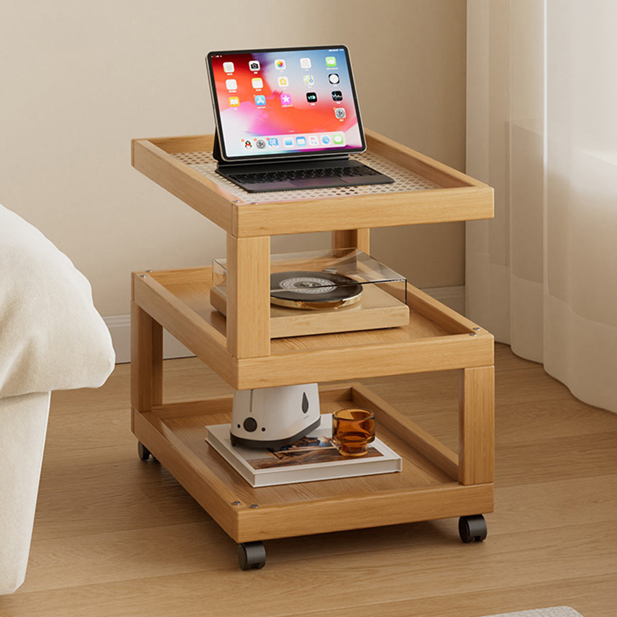 Movable Coffee Table with Universal Wheels Rattan Laminate Top