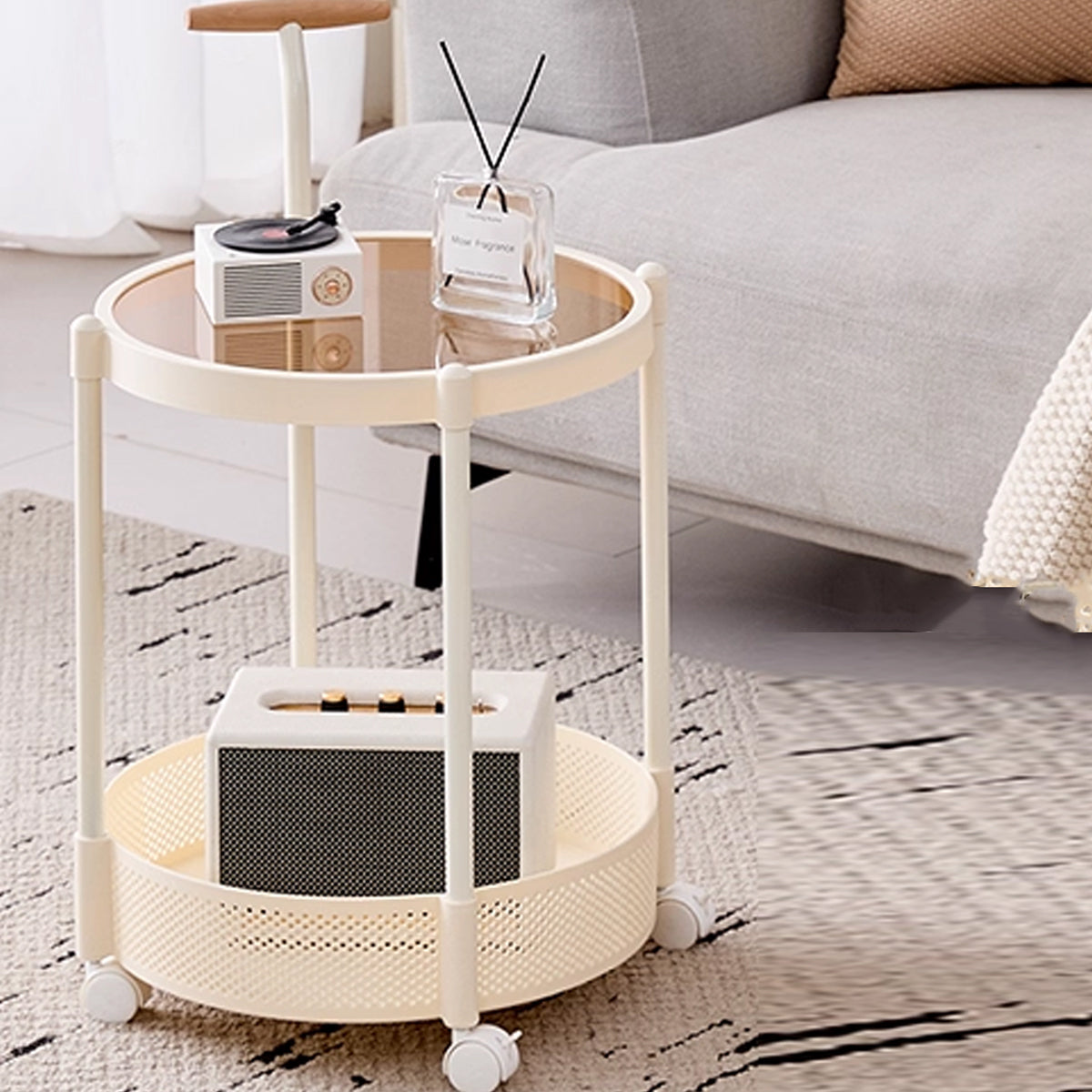 Movable Side Table with Rolling Caster Wheels 2 Tier Design