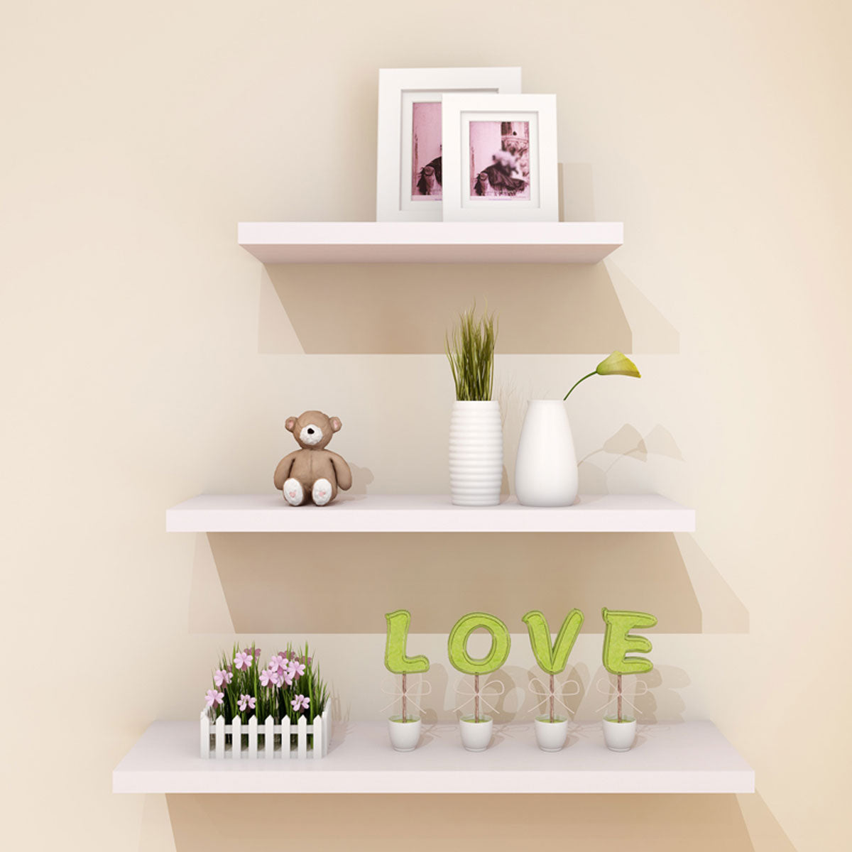 4 Pcs Wooden Floating Wall Shelves White Decorative Set