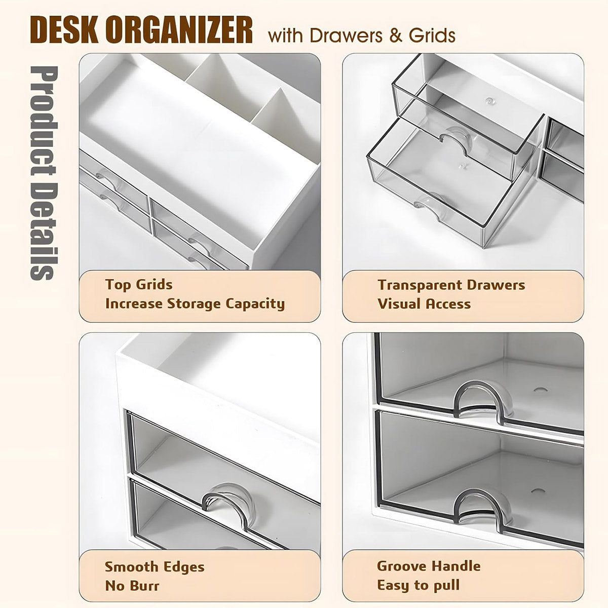 Clear Desktop Organiser Drawer Box with Groove Handle Plastic