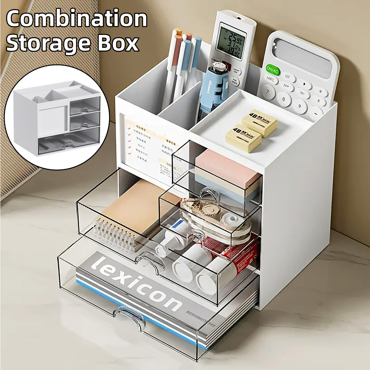 Clear Desktop Organiser Drawer Box with Groove Handle Plastic