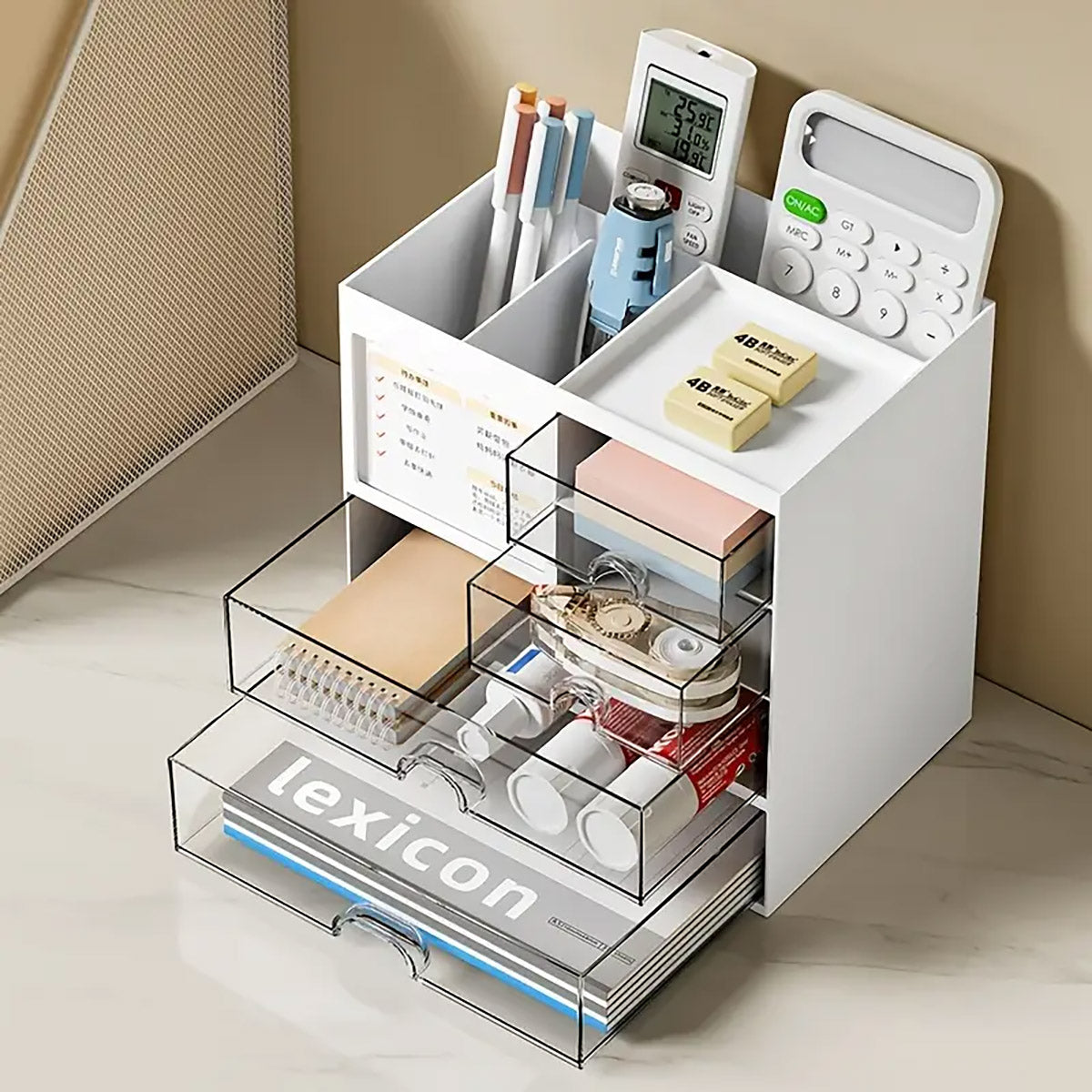 Clear Desktop Organiser Drawer Box with Groove Handle Plastic