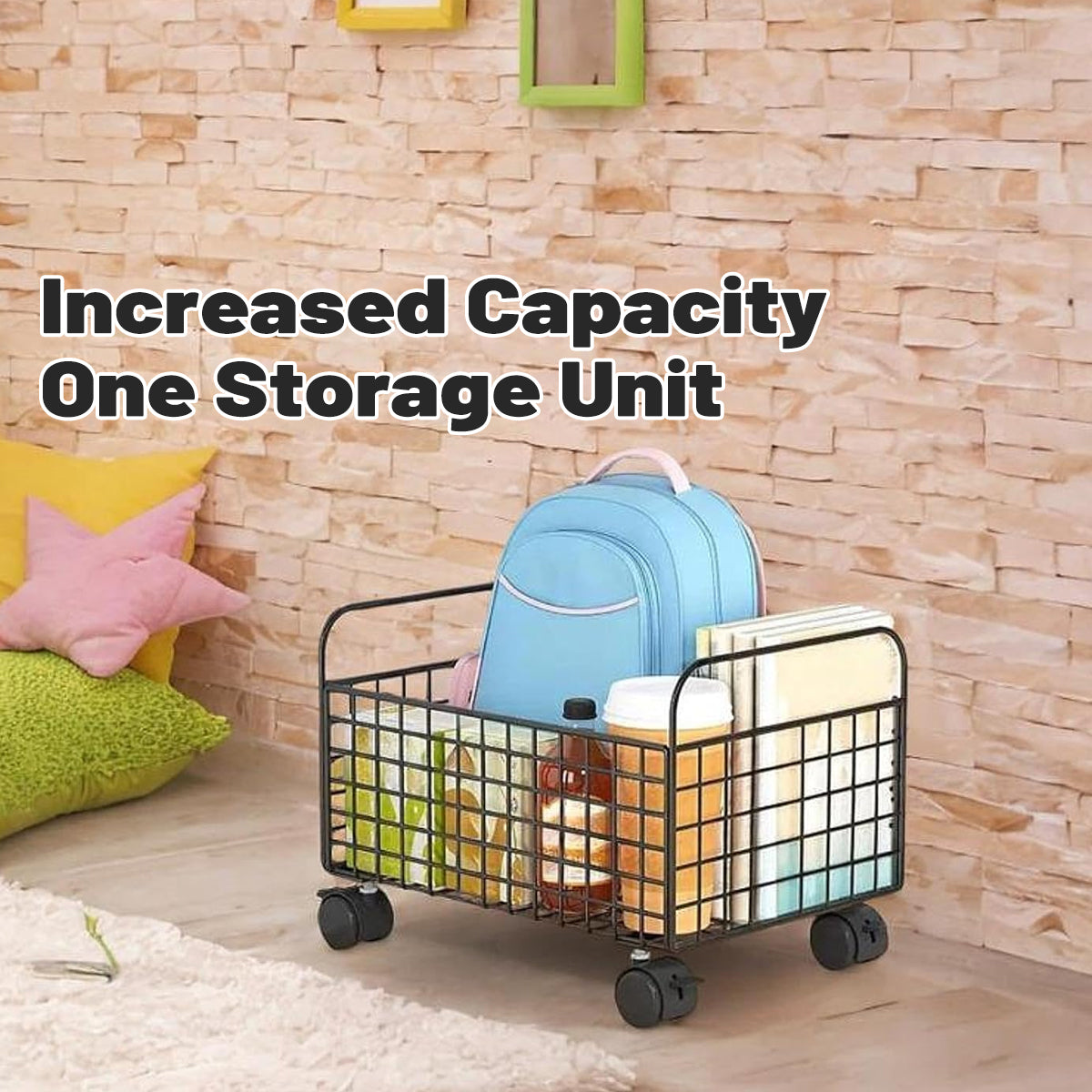 Under-Table Storage Rack with Wheels Metal Mesh Design