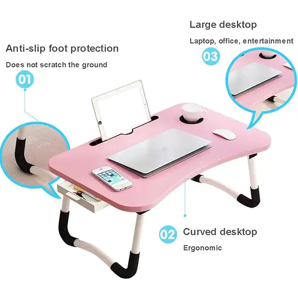 Foldable Overbed Laptop Table with Drawer