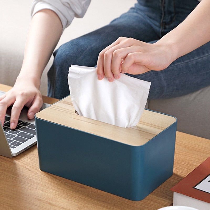 Tissue Box Holder Paper Storage Case with Wooden Cover