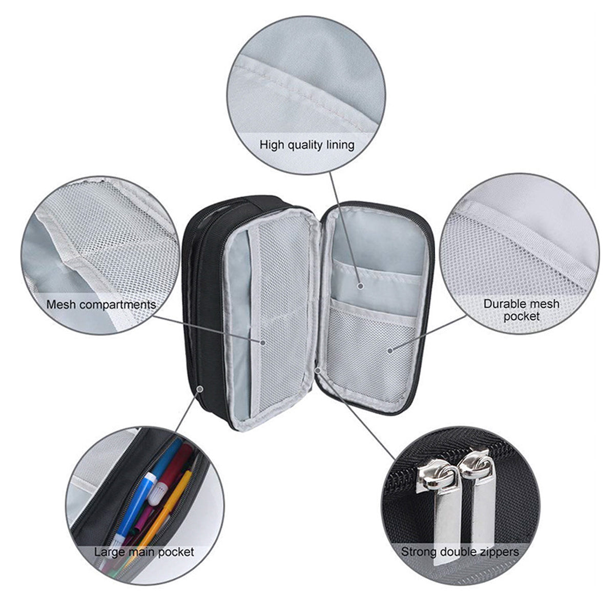 2 Pcs Large Capacity Pencil Case Waterproof 3 Layer Black Grey
