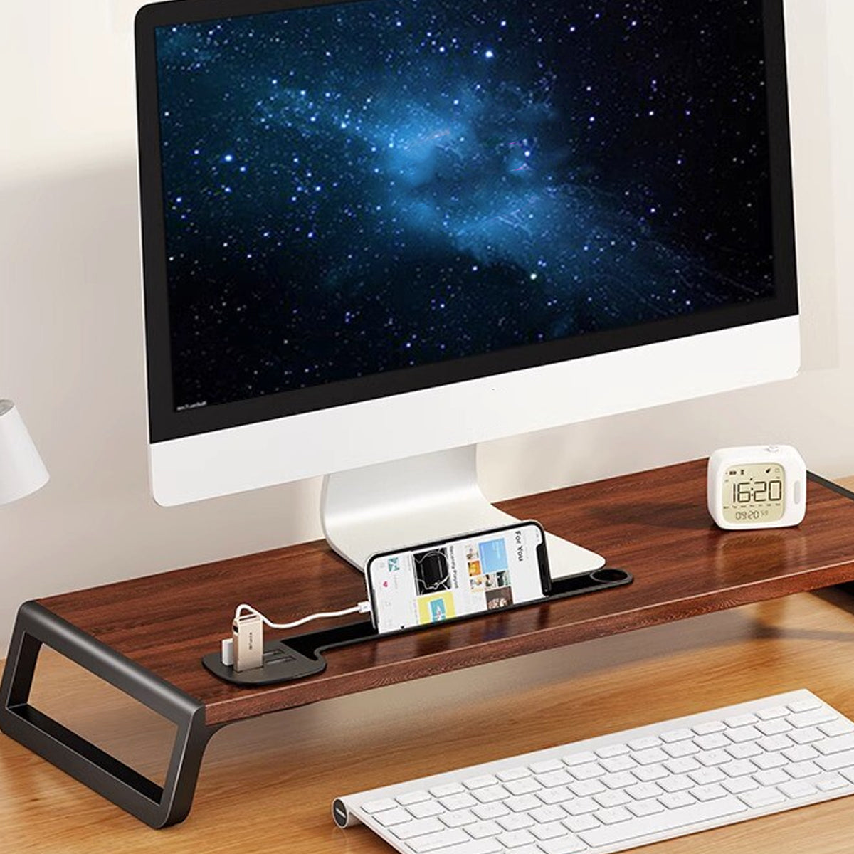 Computer Monitor Riser with Hidden Storage Wood Top Metal