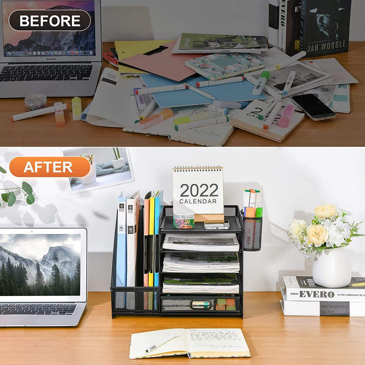 Multi-Tier Desktop File Organizer Metal Mesh Drawer