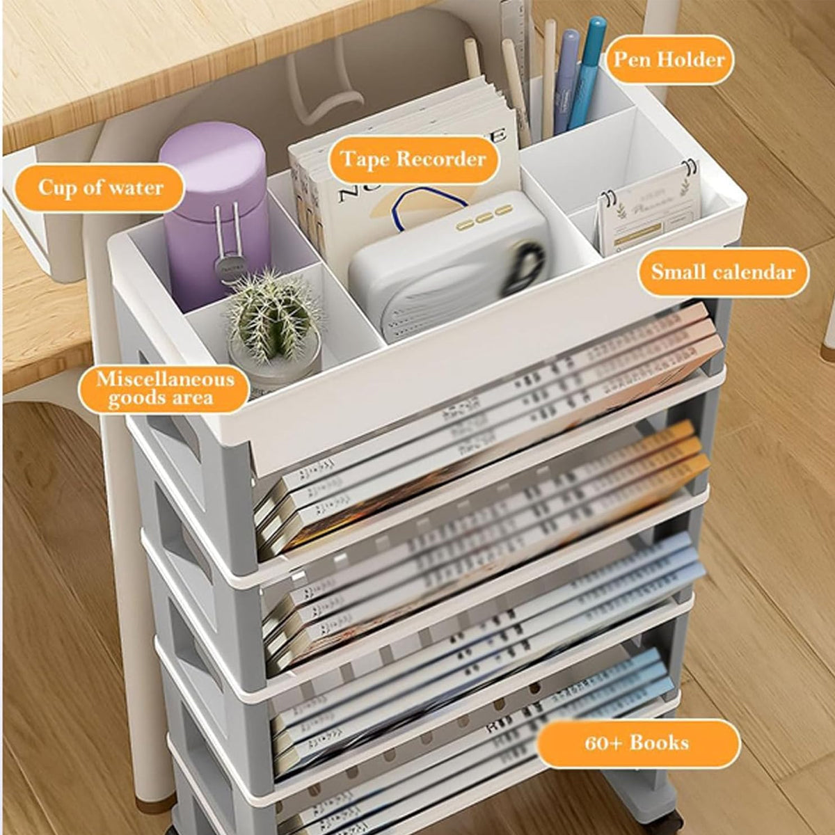 Movable Trolley Book Storage Rack with Four Layers