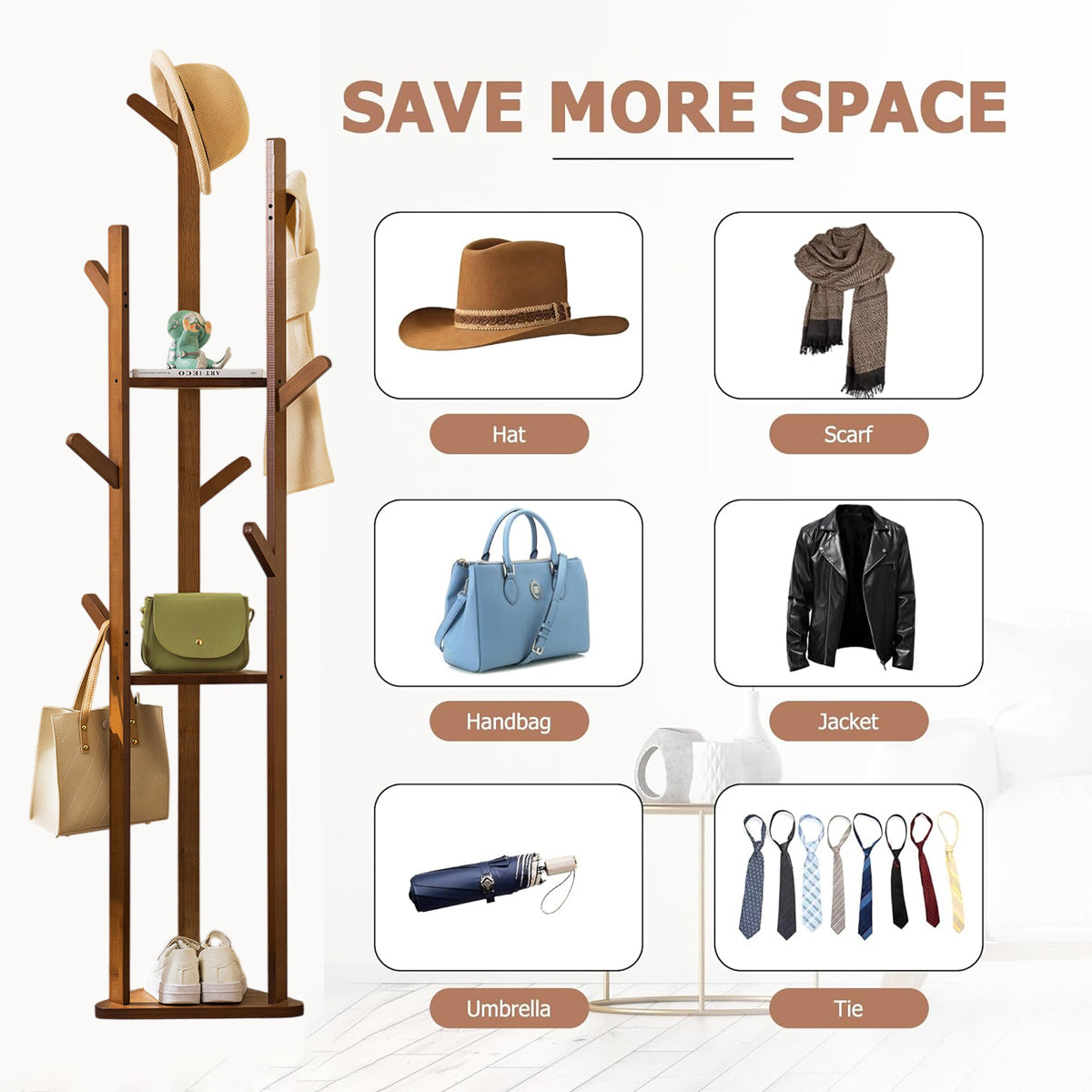 Bamboo Floor Standing Clothes Rack with 8 Hooks