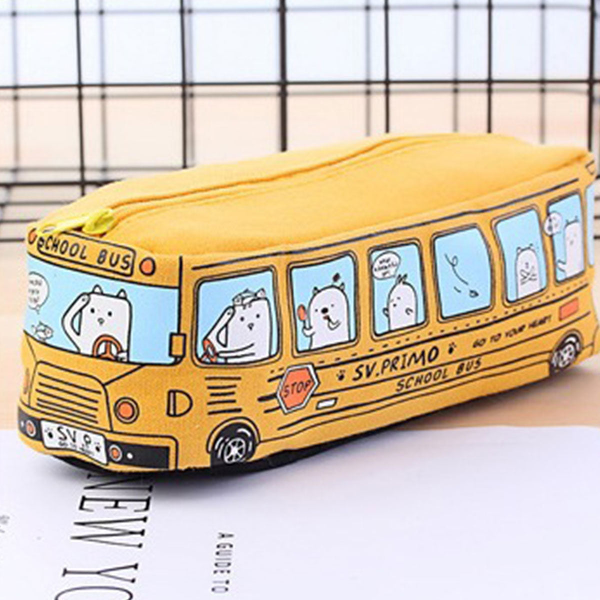 4 Pcs Cartoon Bus Pencil Case Large Capacity Washable Canvas