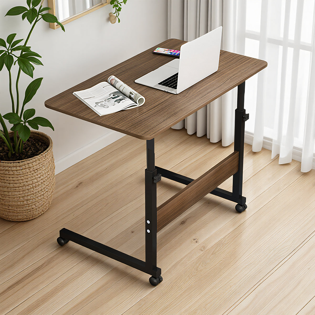 Mobile Bedside Table with Adjustable Height and Wooden-Tone Desktop