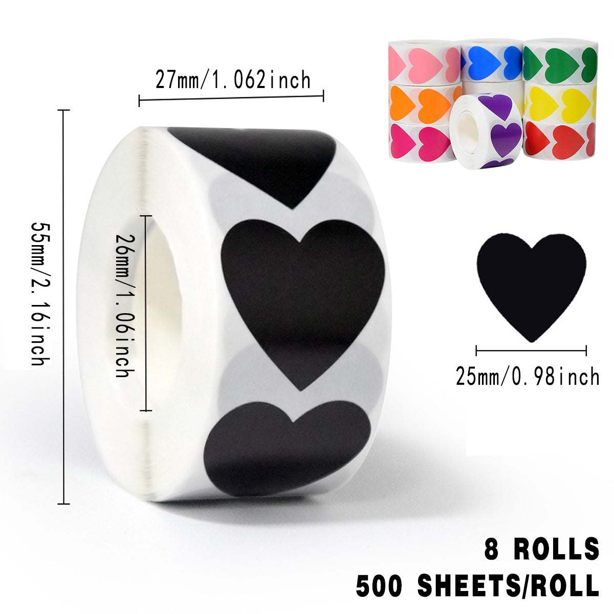 8 Rolls Heart Stickers 500 Pcs Self-Adhesive Labels