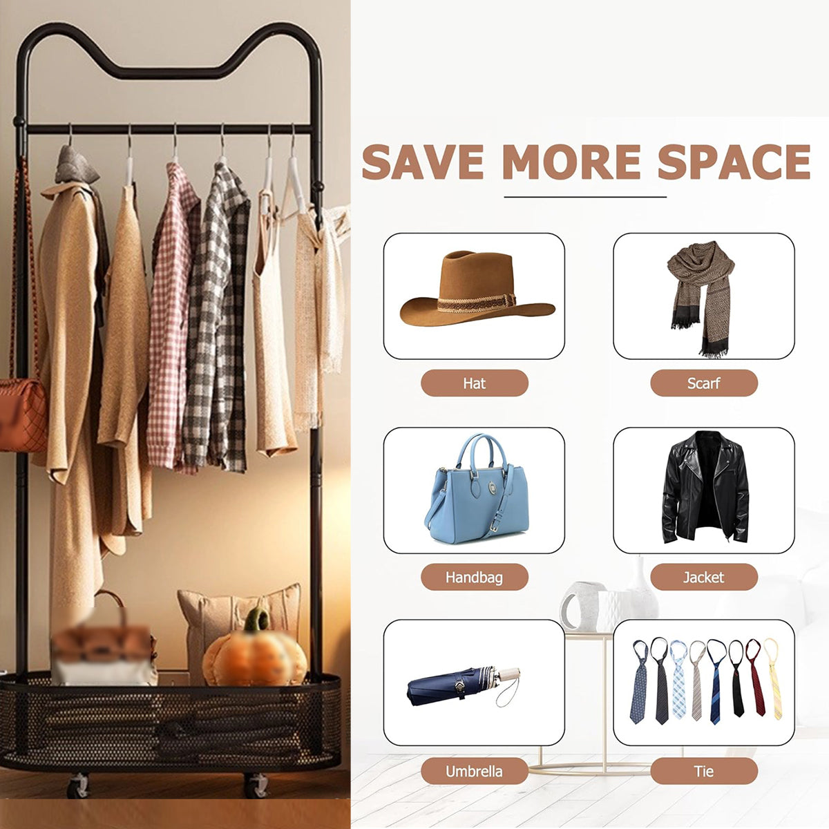 Moveable Clothes Rack with Wheels Basket and Hooks