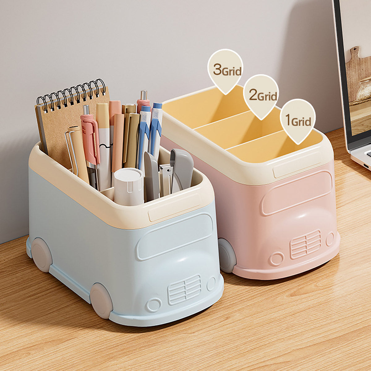 Cartoon Bus Pen Holder 3-Grid Plastic Desk Organizer