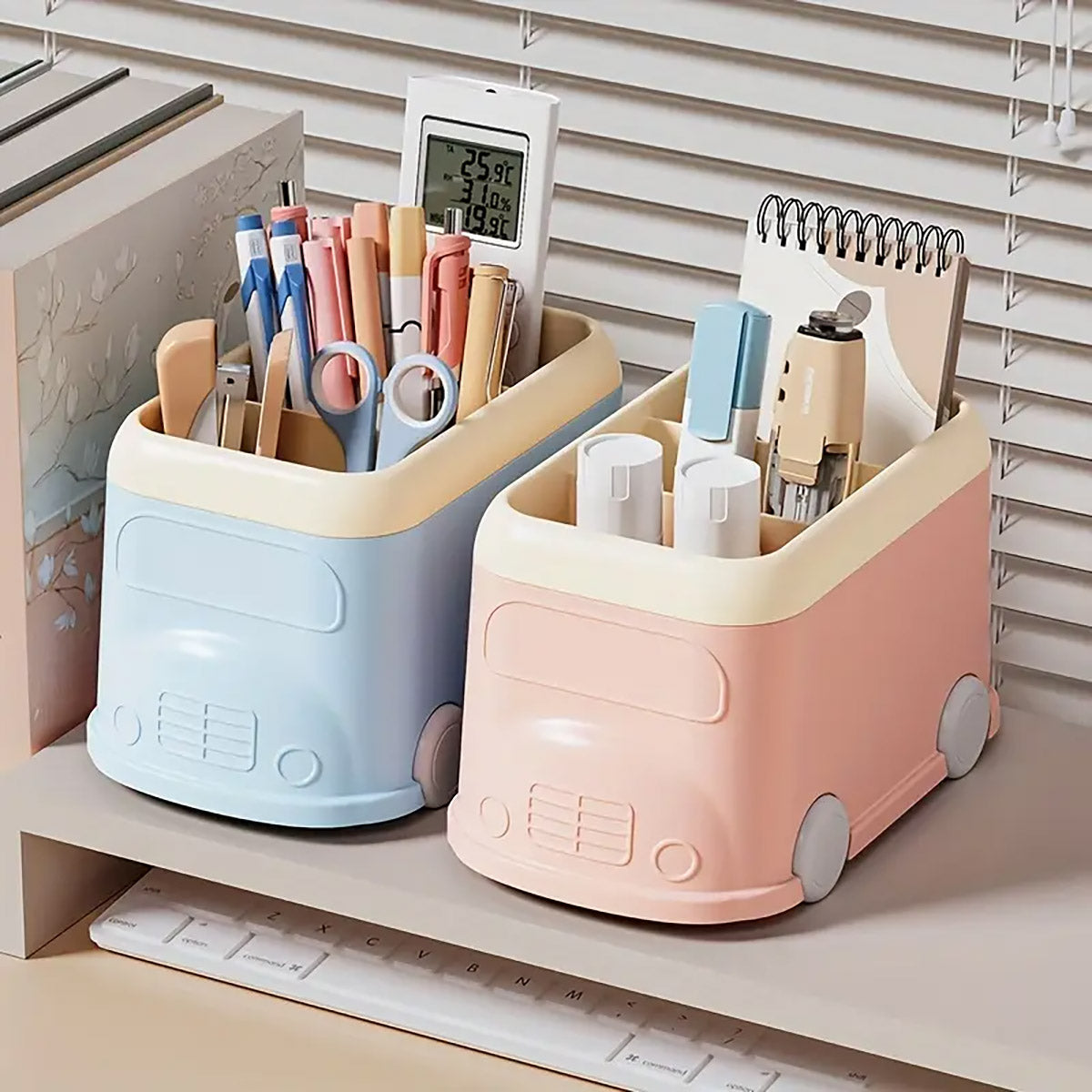 Cartoon Bus Pen Holder 3-Grid Plastic Desk Organizer