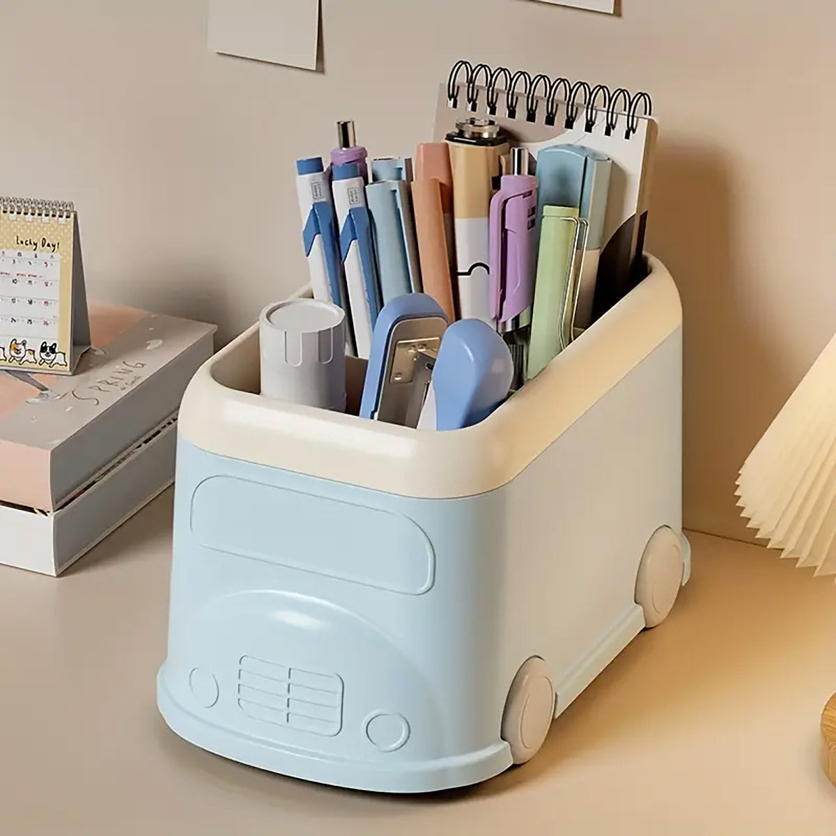 Cartoon Bus Pen Holder 3-Grid Plastic Desk Organizer