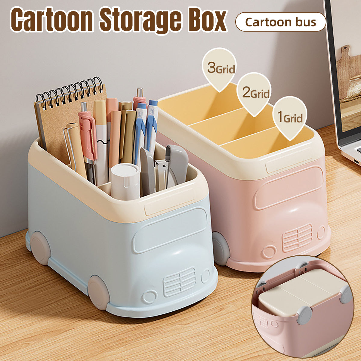 Cartoon Bus Pen Holder 3-Grid Plastic Desk Organizer