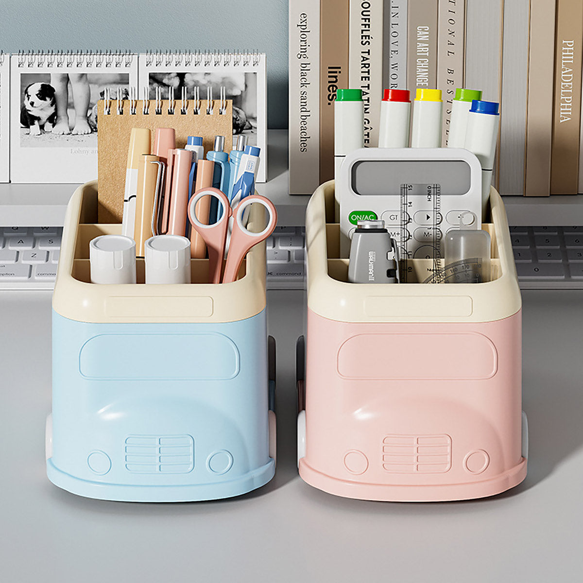Cartoon Bus Pen Holder 3-Grid Plastic Desk Organizer