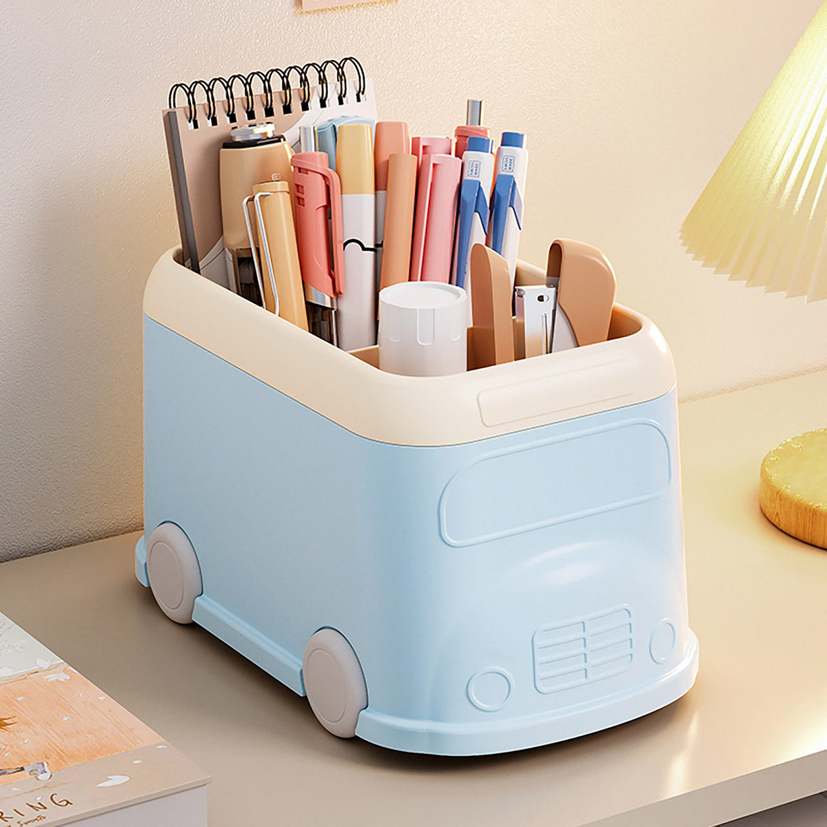 Cartoon Bus Pen Holder 3-Grid Plastic Desk Organizer