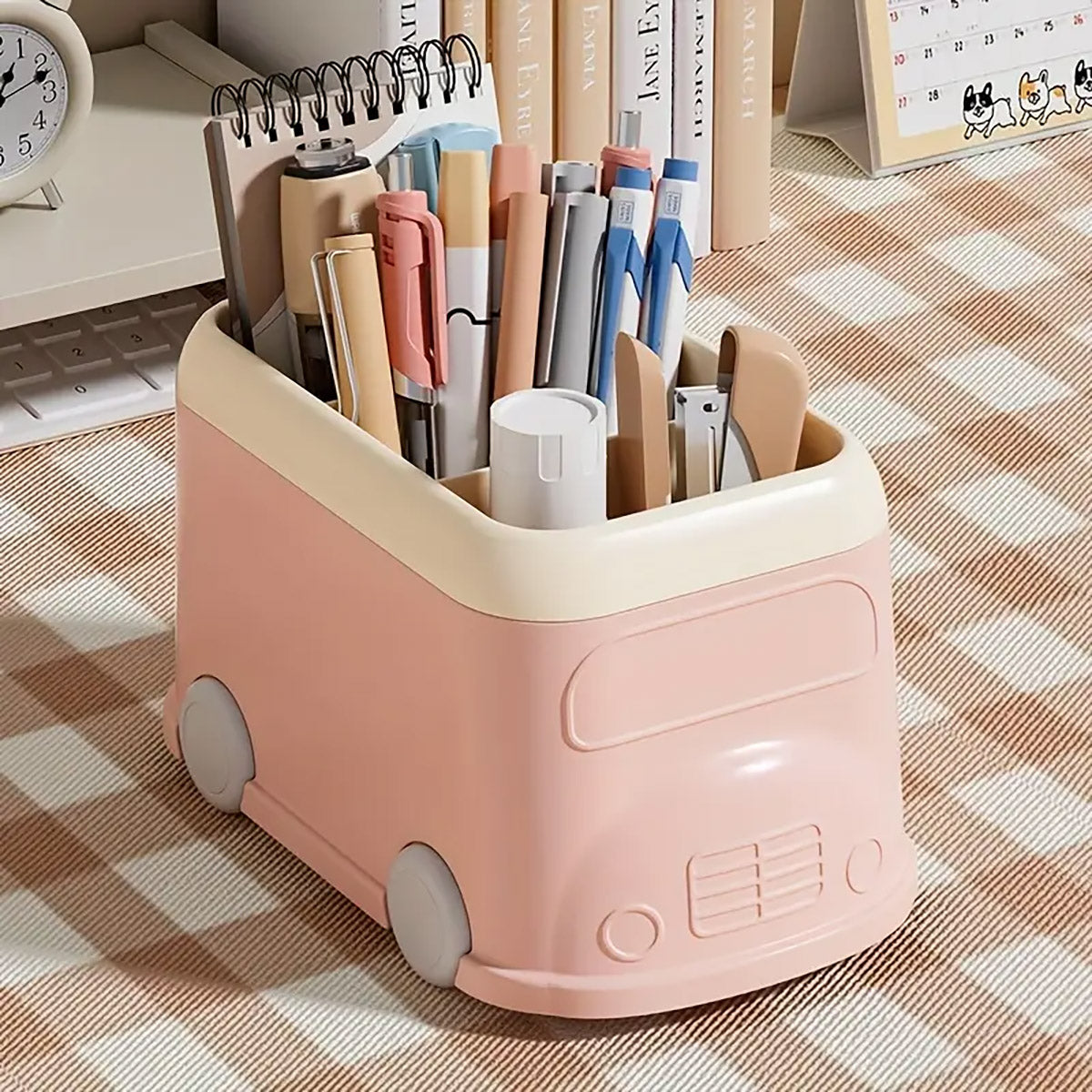 Cartoon Bus Pen Holder 3-Grid Plastic Desk Organizer