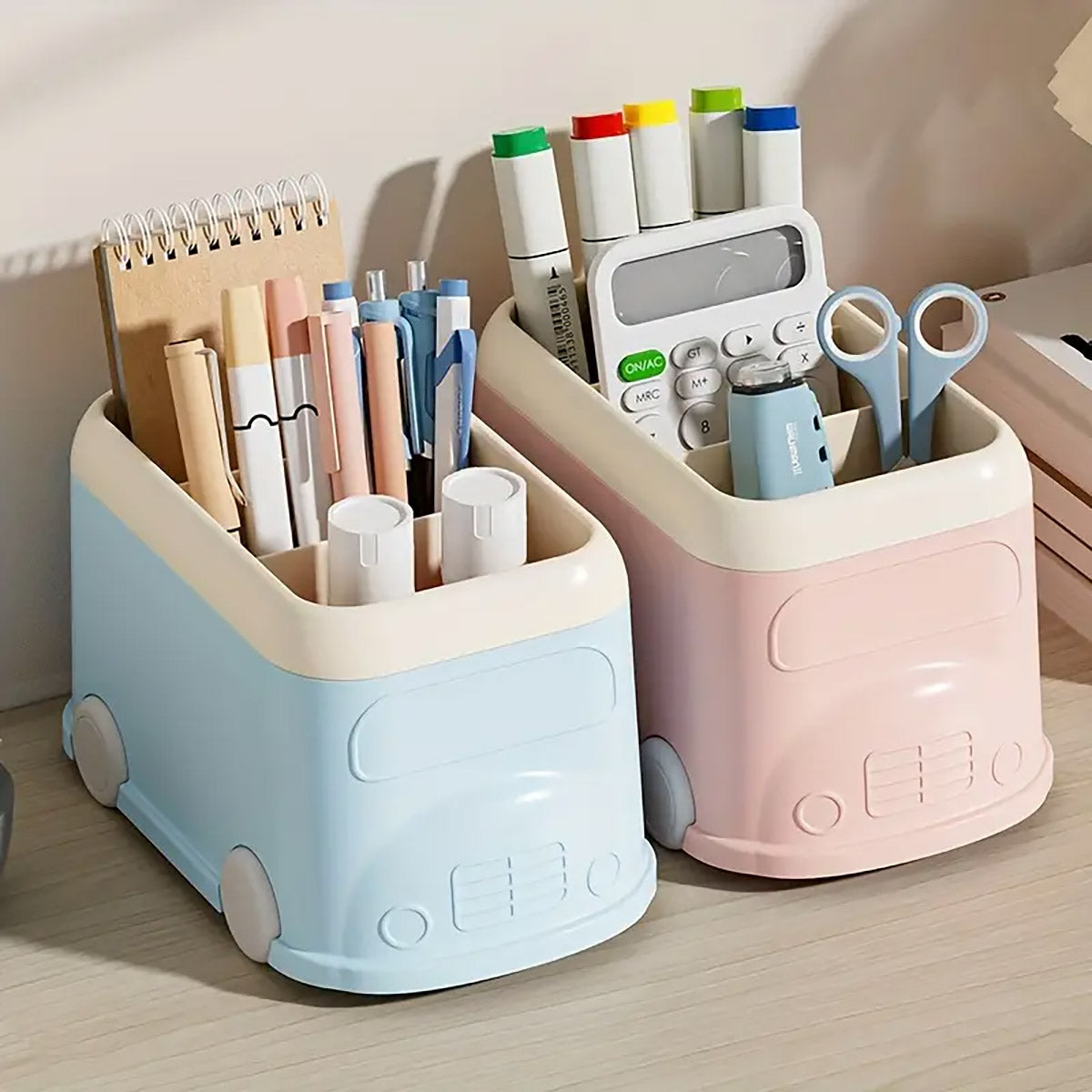 Cartoon Bus Pen Holder 3-Grid Plastic Desk Organizer