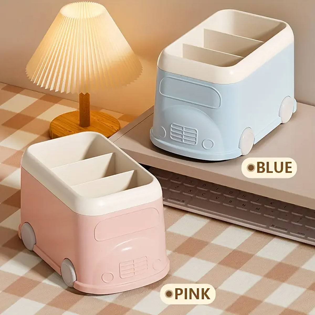 Cartoon Bus Pen Holder 3-Grid Plastic Desk Organizer
