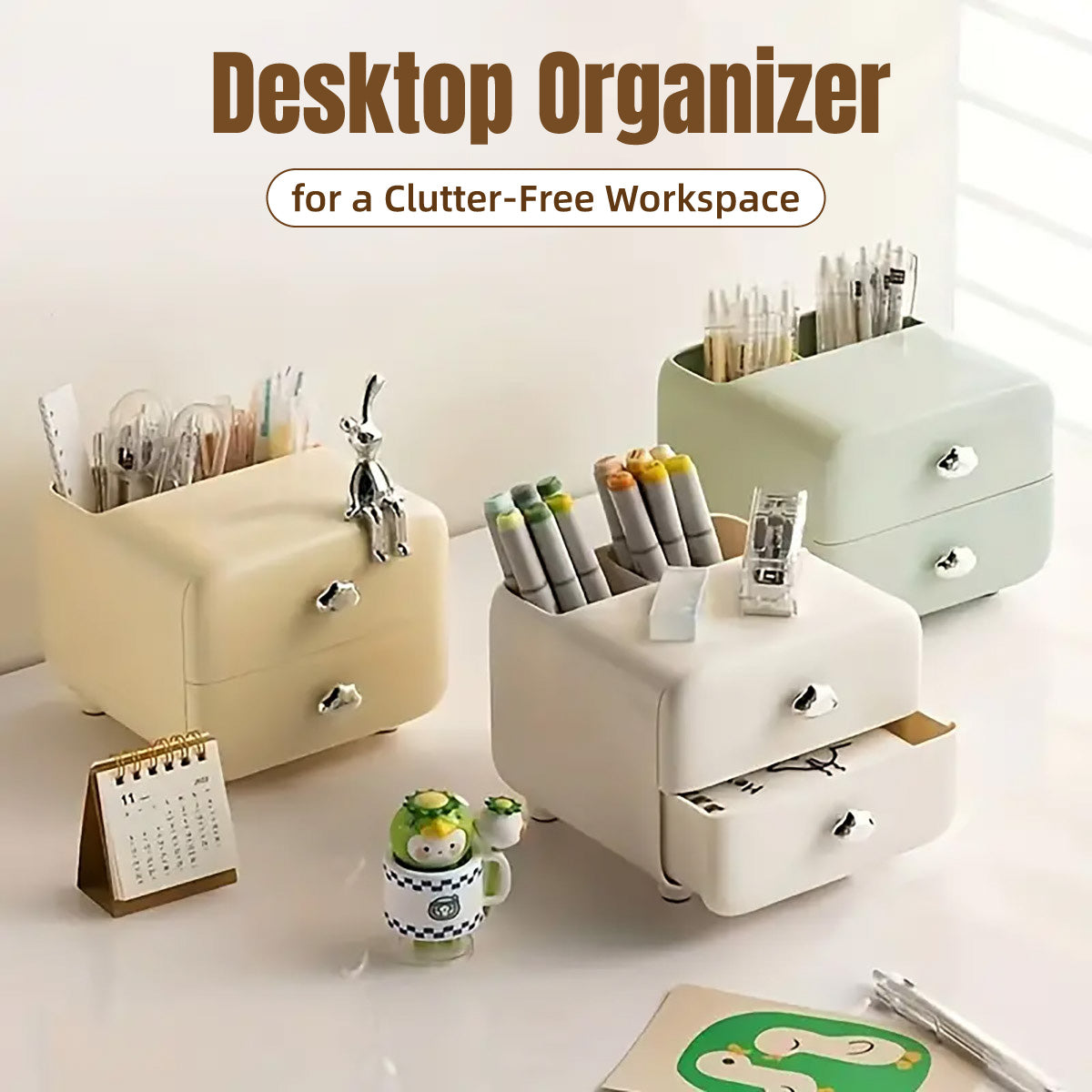 Desktop Organiser with Two Drawers and Top Compartment Plastic