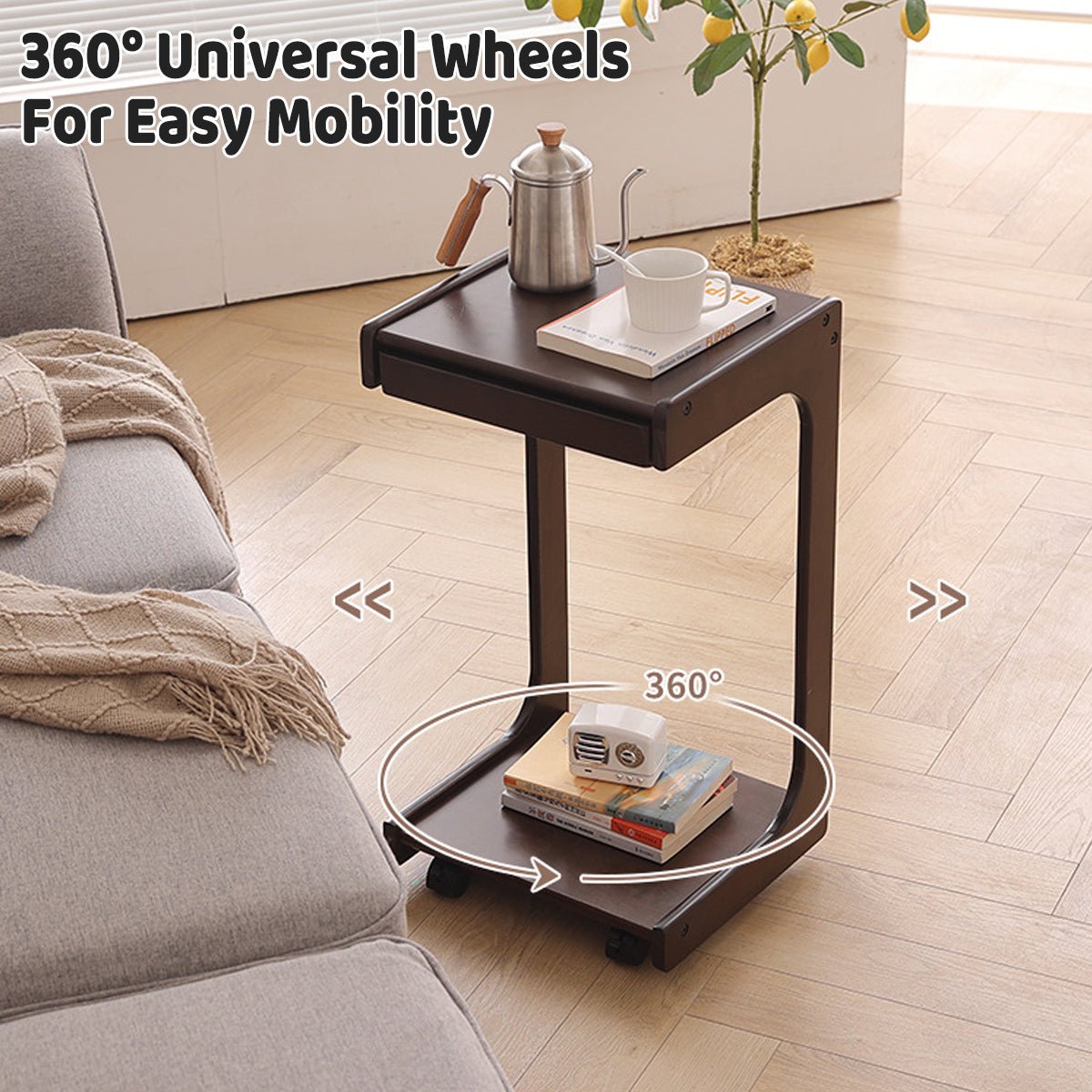 Solid Wood Rolling Coffee Table with Wheels 2-Tier Design