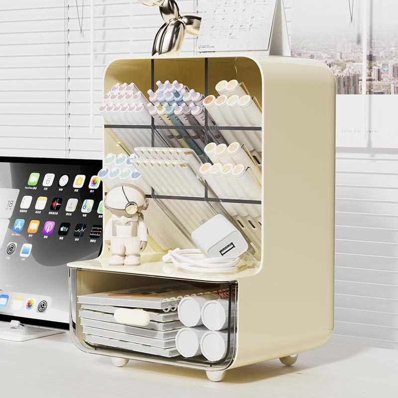Oblique Pen Holder with Drawer PP Desk Organiser White Beige