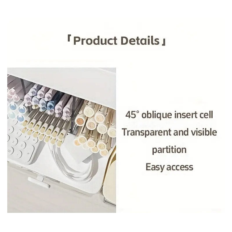 Oblique Pen Holder with Drawer PP Desk Organiser White Beige