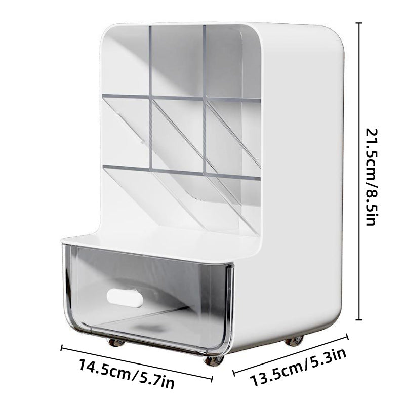 Oblique Pen Holder with Drawer PP Desk Organiser White Beige