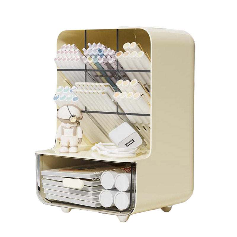 Oblique Pen Holder with Drawer PP Desk Organiser White Beige