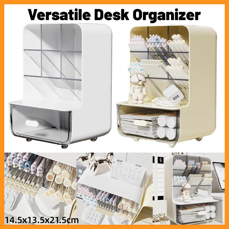 Oblique Pen Holder with Drawer PP Desk Organiser White Beige