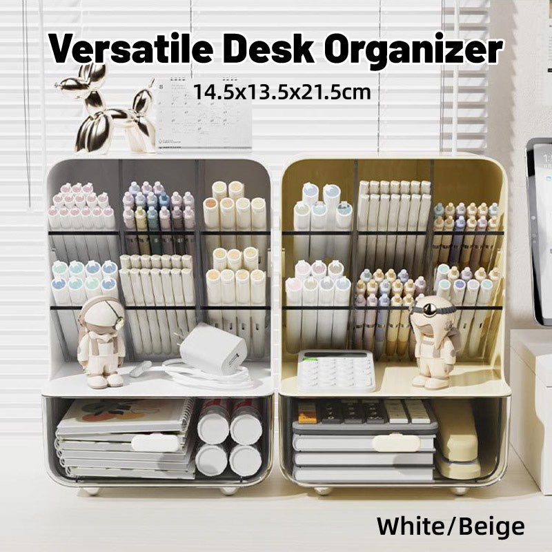 Oblique Pen Holder with Drawer PP Desk Organiser White Beige