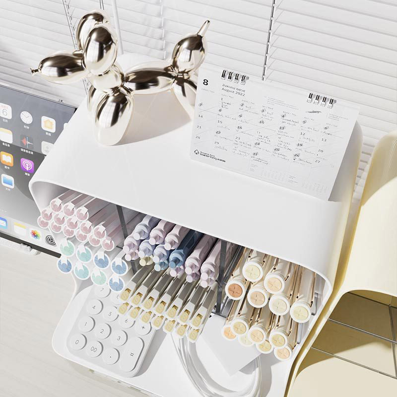 Oblique Pen Holder with Drawer PP Desk Organiser White Beige