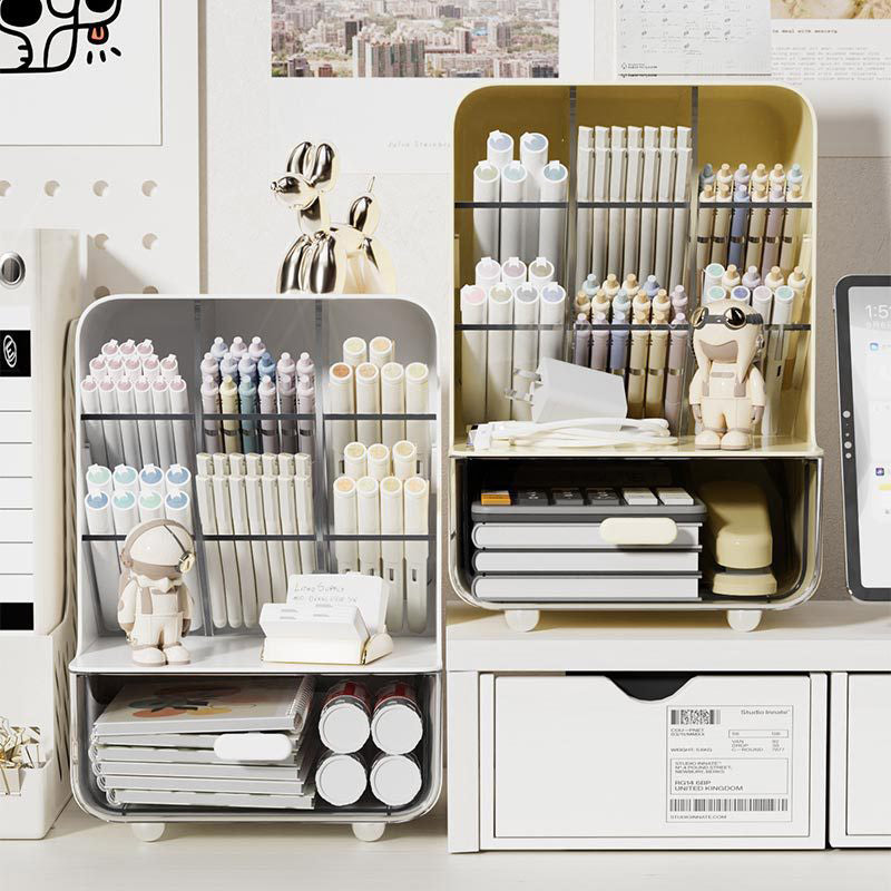 Oblique Pen Holder with Drawer PP Desk Organiser White Beige