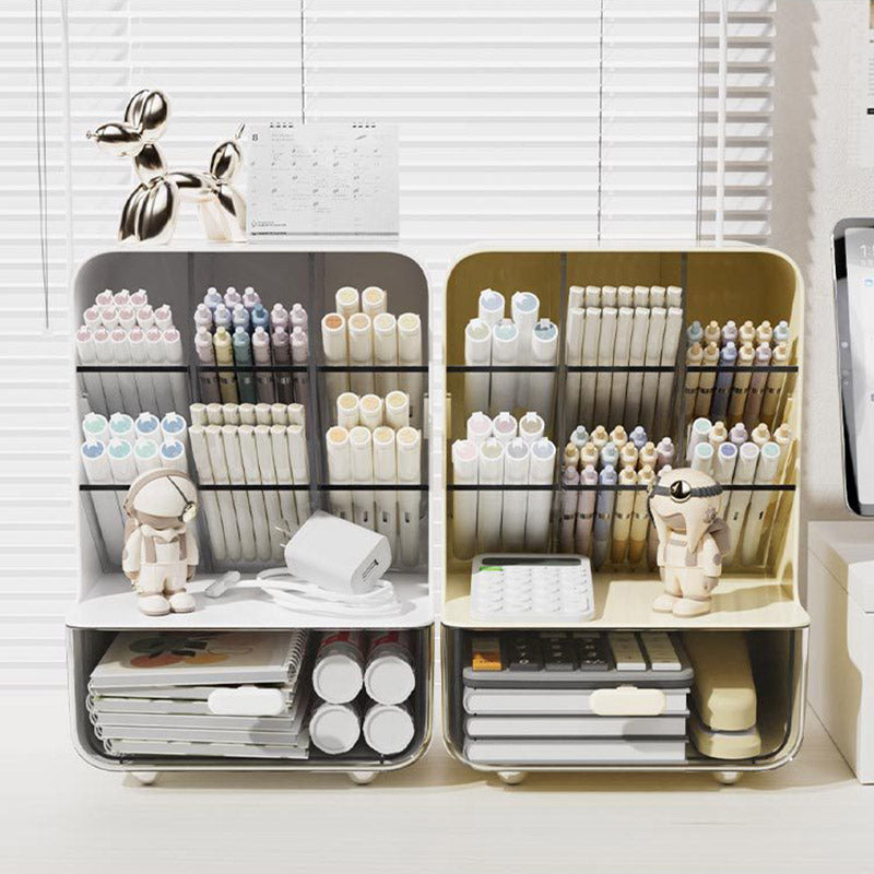 Oblique Pen Holder with Drawer PP Desk Organiser White Beige