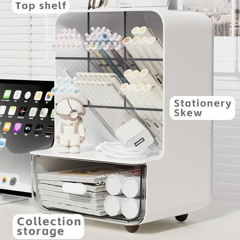 Oblique Pen Holder with Drawer PP Desk Organiser White Beige