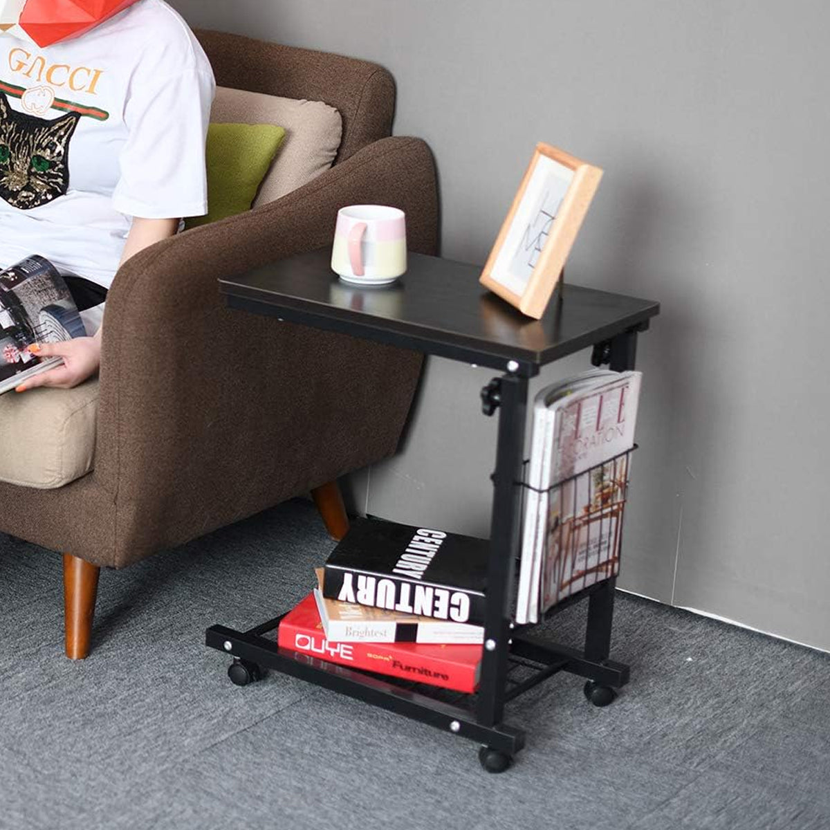 Mobile Adjustable Side Table with Storage Basket and Shelf