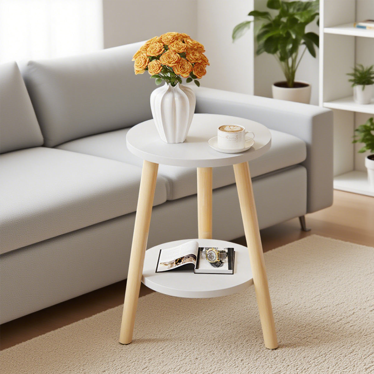 Small Round Coffee Table with 2-Tier Storage for Bedroom and Living Room